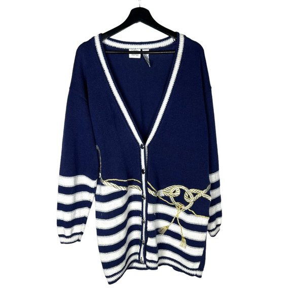 Vintage Sweaters - Vintage 90s Blue White Nautical Pattern Knit Button Up Cardigan Large